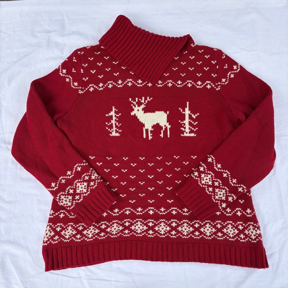 Eddie Bauer Women’s XL Red Fair Isle Reindeer Split Cowl Neck Lambswool Sweater